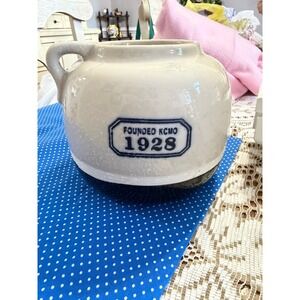 J.C. and Rollie Stoneware Crock Founded KCMO 1928 Cream Navy Blue‎
